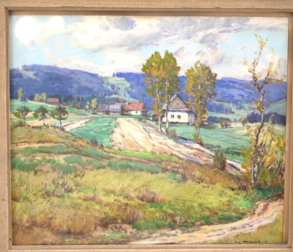 Obraz - krajina s domky, sign. A. Mervart