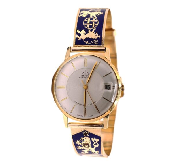 Zlaté, pánské náramkové hodinky se smaltem, zn. Itraco Automatic